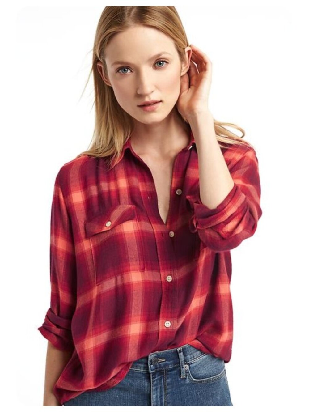 GAP + Pendleton Red Long Sleeve Button Up Boyfriend Flannel Shirt sz M